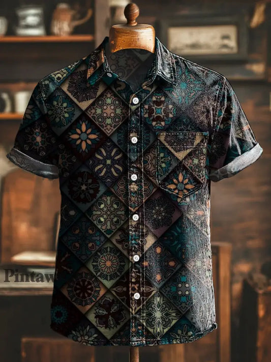 Camisa de manga corta casual con estampado geométrico étnico vintage colorido / S