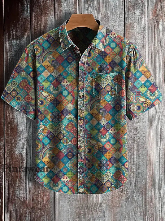 Camisa de manga corta con estampado de arte abstracto retro para hombre A / S Camisas