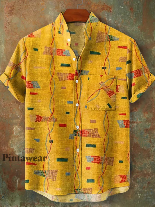 Camisa de manga corta de cuello de soporte de patrón de línea geométrica vintage de los hombres colorido / S