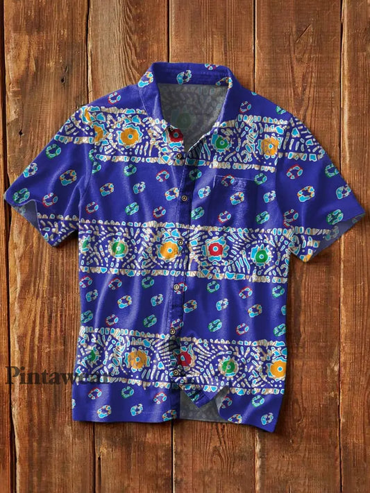 Camisa de manga corta de solapa casual con estampado de flores de anacardo retro para hombres como imagen / S