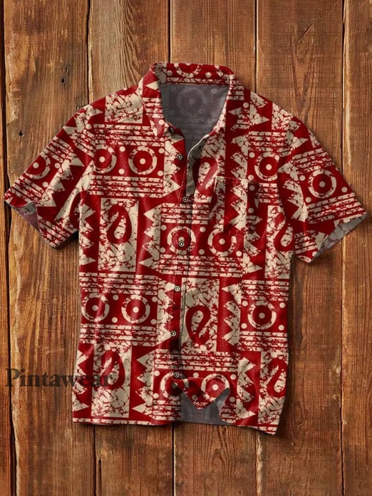 Camisa de manga corta de solapa casual con estampado tribal vintage para hombres como imagen / S