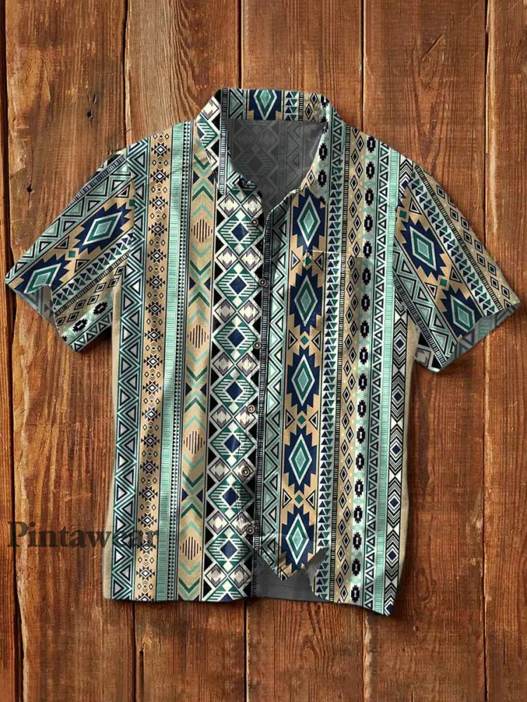 Camisa de manga corta de solapa casual impresa estilo occidental de la vendimia de los hombres como imagen / S