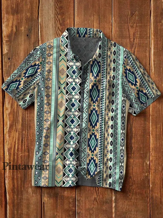 Camisa de manga corta de solapa casual impresa estilo occidental de la vendimia de los hombres como imagen / S