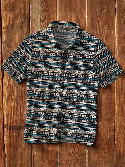 Camisa de manga corta de solapa casual impresa estilo occidental de rayas vintage para hombres como imagen / S