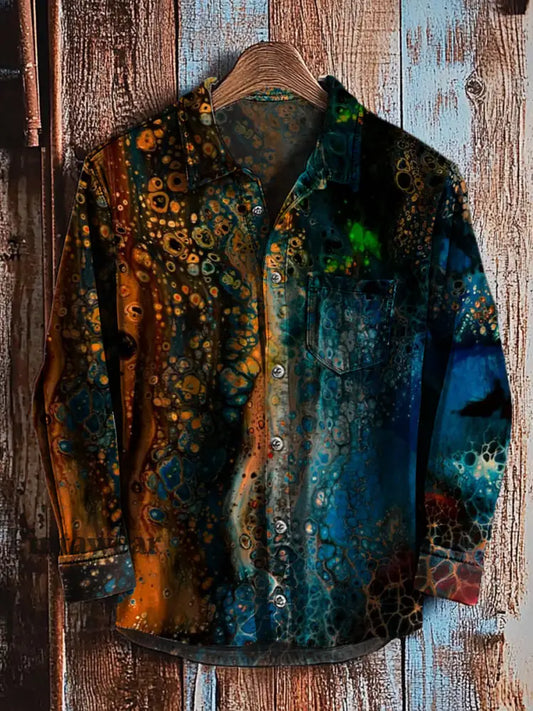 Camisa de manga larga casual con estampado de arte degradado abstracto retro A / S
