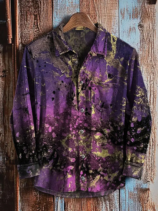 Camisa de manga larga casual con estampado de arte degradado abstracto retro A / S