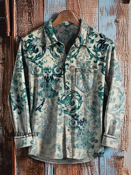 Camisa de manga larga casual con estampado de arte degradado abstracto retro A / S Camisas