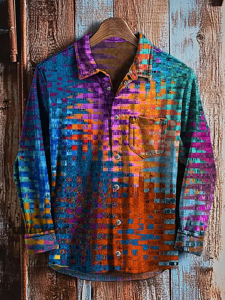 Camisa de manga larga casual con estampado de arte degradado abstracto retro A / S Camisas