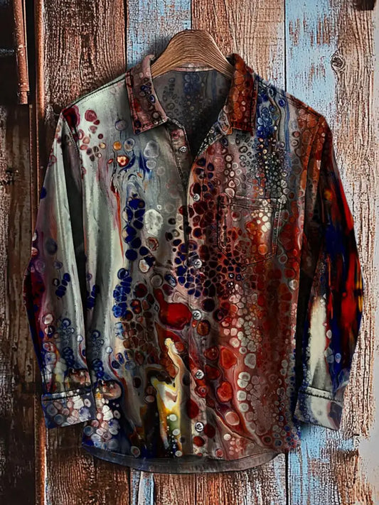 Camisa de manga larga casual con estampado de arte degradado abstracto retro A / S Camisas