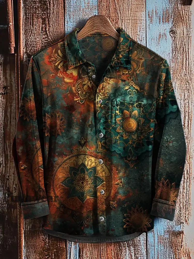 Camisa de manga larga casual con estampado de arte degradado abstracto retro A / S Camisas