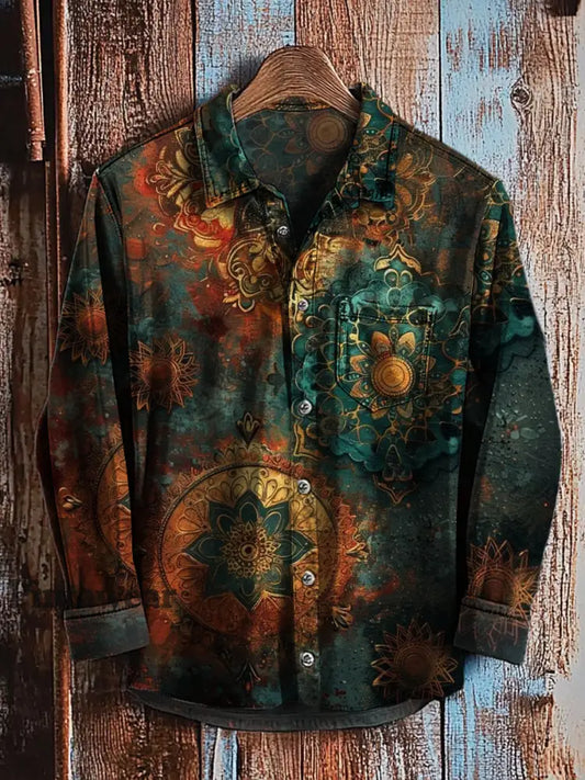 Camisa de manga larga casual con estampado de arte degradado abstracto retro A / S Camisas