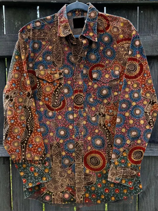 Camisa de manga larga casual con estampado de arte degradado abstracto retro A / S Camisas