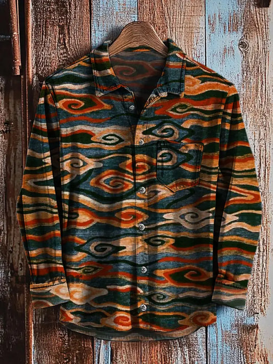 Camisa de manga larga casual con estampado de arte degradado abstracto retro A / S Camisas