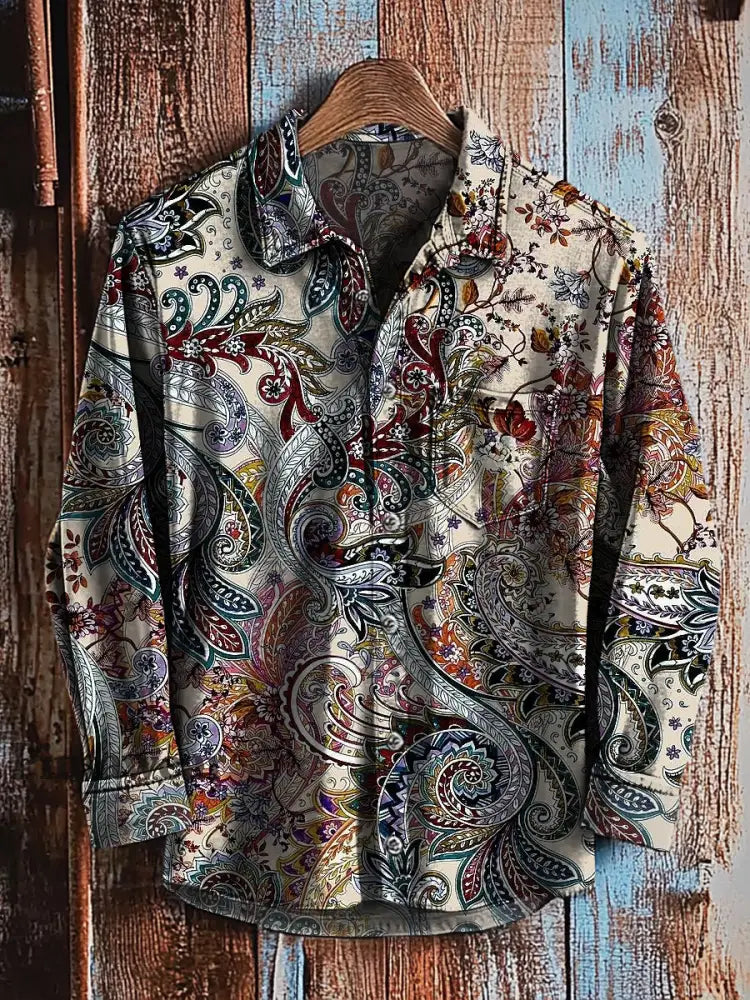 Camisa de manga larga casual con estampado de arte degradado abstracto retro A / S Camisas