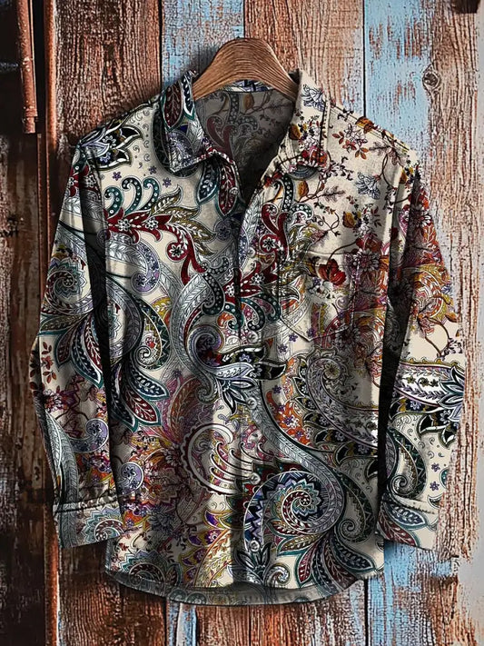 Camisa de manga larga casual con estampado de arte degradado abstracto retro A / S Camisas