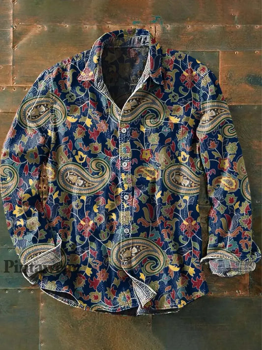Camisa de manga larga casual con estampado de flores de anacardo vintage para hombres como imagen / S