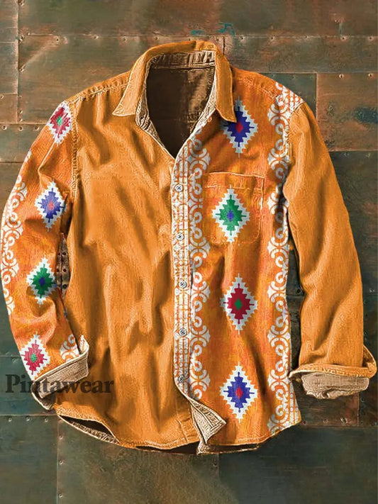 Camisa de manga larga casual impresa estilo occidental de la solapa del remiendo de la vendimia de los hombres como