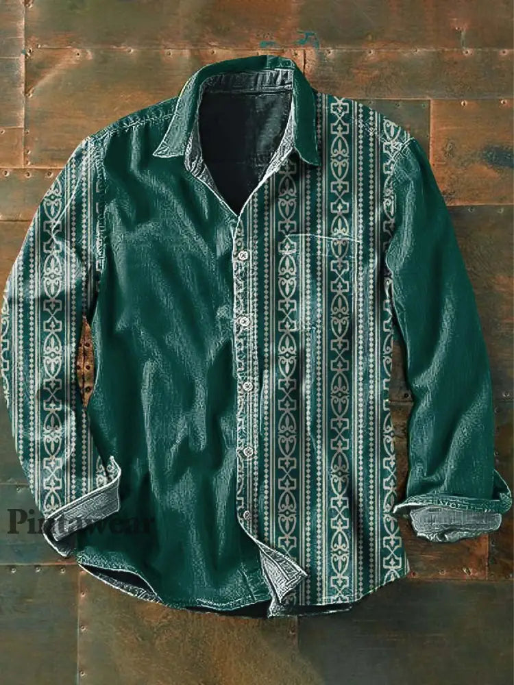 Camisa de manga larga casual impresa estilo occidental de la solapa del remiendo de la vendimia de los hombres como