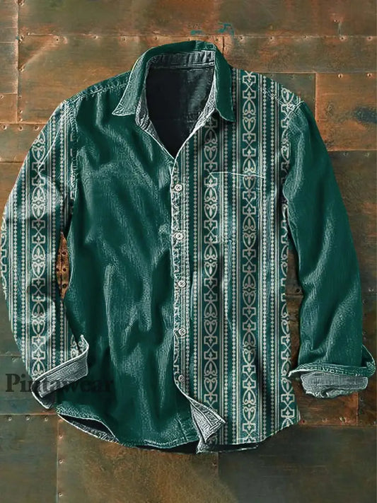 Camisa de manga larga casual impresa estilo occidental de la solapa del remiendo de la vendimia de los hombres como