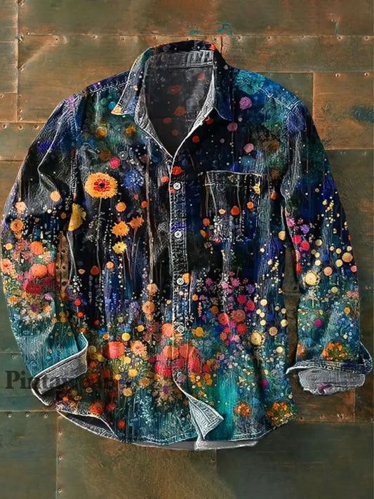 Camisa de manga larga con estampado de arte abstracto de color floral vintage para hombre colorido / S