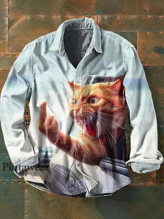 Camisa de manga larga Funny Angry Cat Art Print Casaul Lapel azul / S