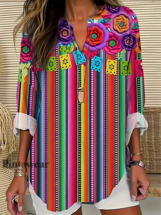 Camisa de manga larga de lino de algodón vintage con estampado de Cinco de Mayo para mujer colorido / S