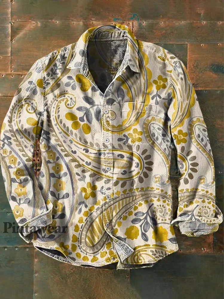 Camisa de manga larga de solapa casual con estampado floral retro para hombres como imagen / S