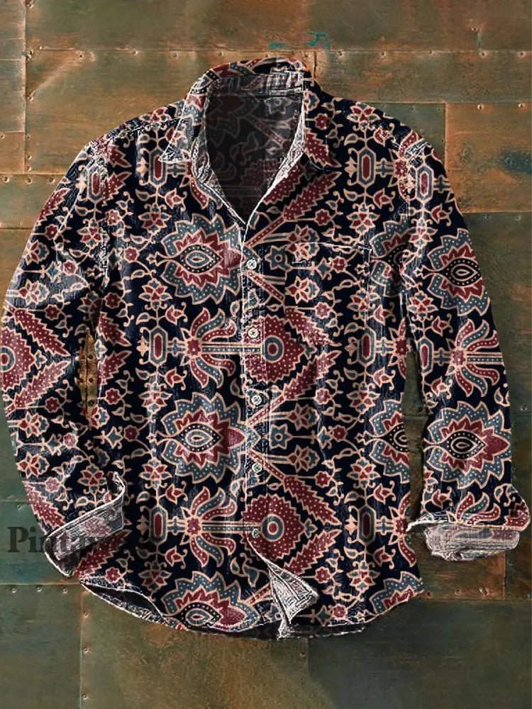 Camisa de manga larga de solapa casual con estampado floral retro para hombres como imagen / S