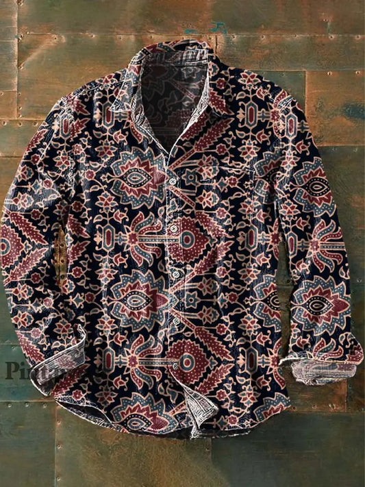 Camisa de manga larga de solapa casual con estampado floral retro para hombres como imagen / S