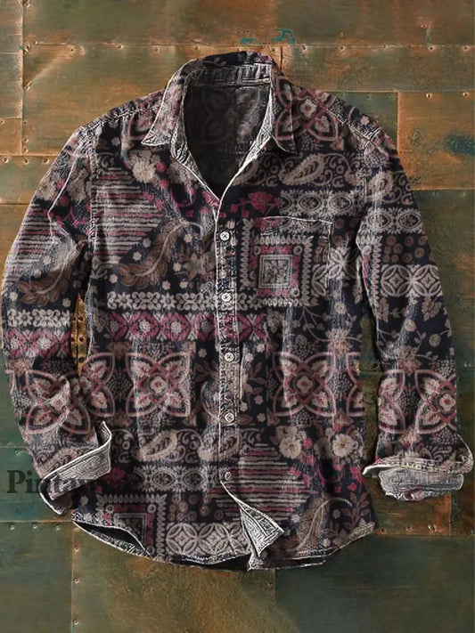 Camisa de manga larga de solapa casual con estampado floral retro para hombres como imagen / S