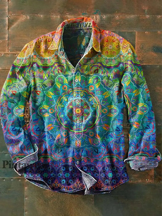 Camisa de manga larga de solapa casual con estampado floral vintage colorido de los hombres como imagen / S
