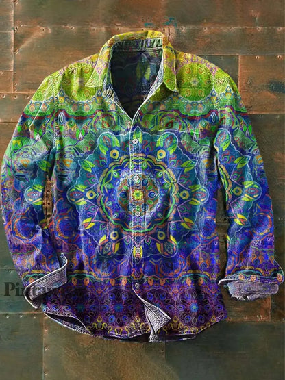 Camisa de manga larga de solapa casual con estampado de mandala vintage para hombres Amarillo / S Camisas