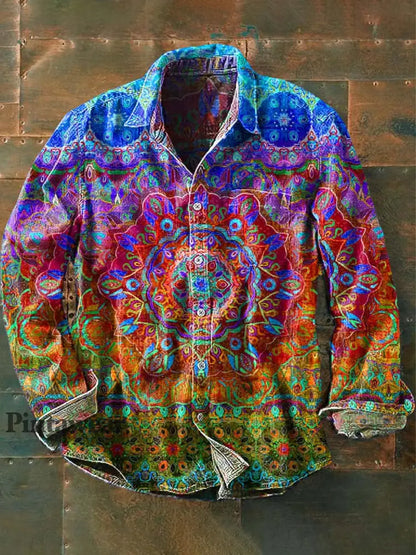 Camisa de manga larga de solapa casual con estampado de mandala vintage para hombres Azul / S Camisas