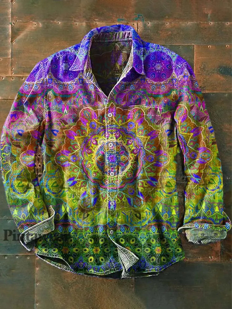 Camisa de manga larga de solapa casual con estampado de mandala vintage para hombres Púrpura / S Camisas