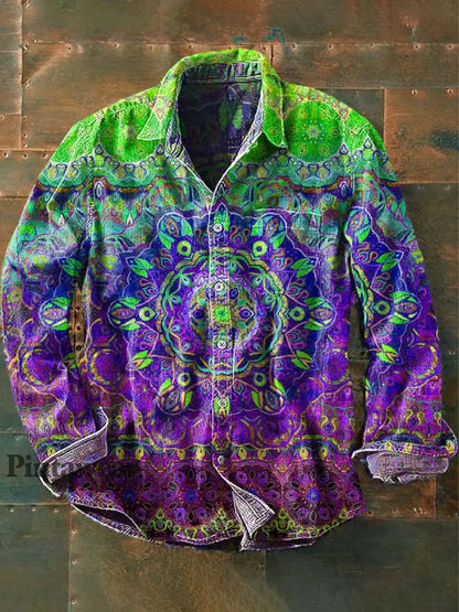 Camisa de manga larga de solapa casual con estampado de mandala vintage para hombres Verde / S Camisas
