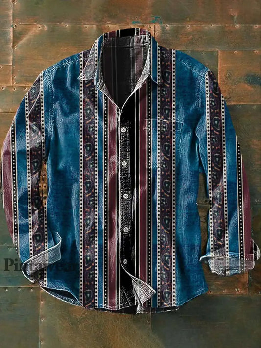Camisa de manga larga de solapa casual impresa estilo occidental de rayas vintage para hombres como imagen / S