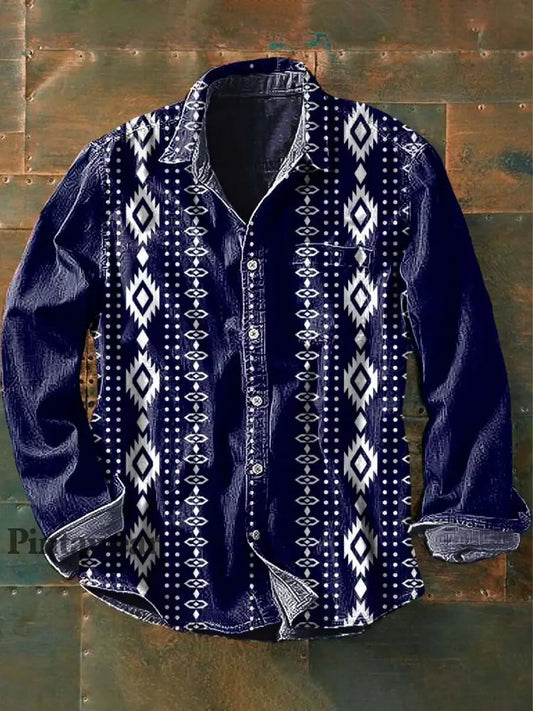 Camisa de manga larga de solapa casual impresa estilo occidental de rayas vintage para hombres como imagen / S