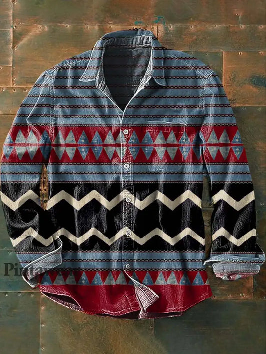 Camisa de manga larga de solapa casual impresa estilo occidental de rayas vintage para hombres como imagen / S