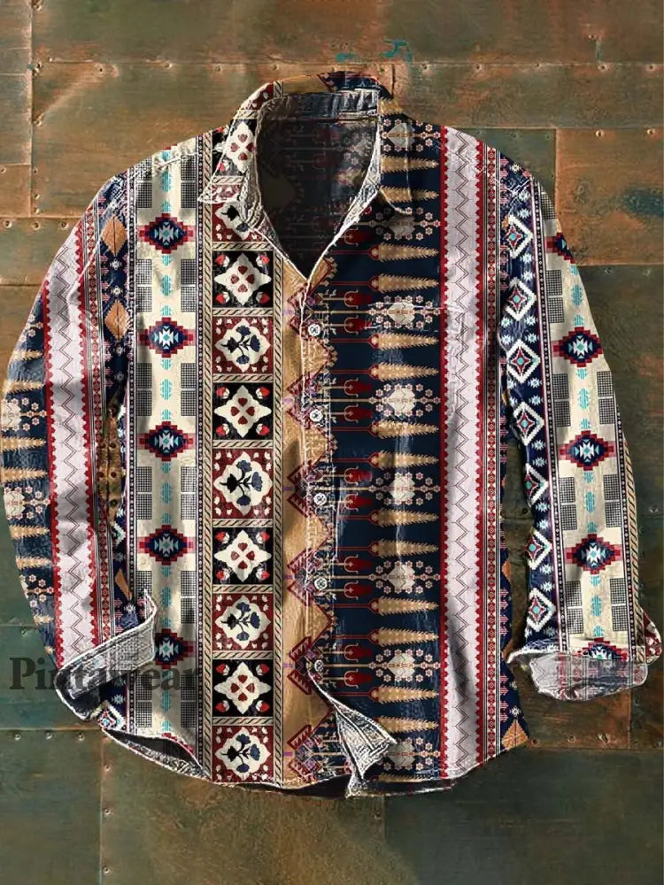 Camisa de manga larga de solapa casual impresa estilo occidental vintage de los hombres como imagen / S