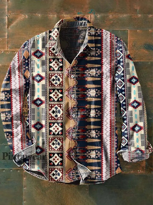 Camisa de manga larga de solapa casual impresa estilo occidental vintage de los hombres como imagen / S