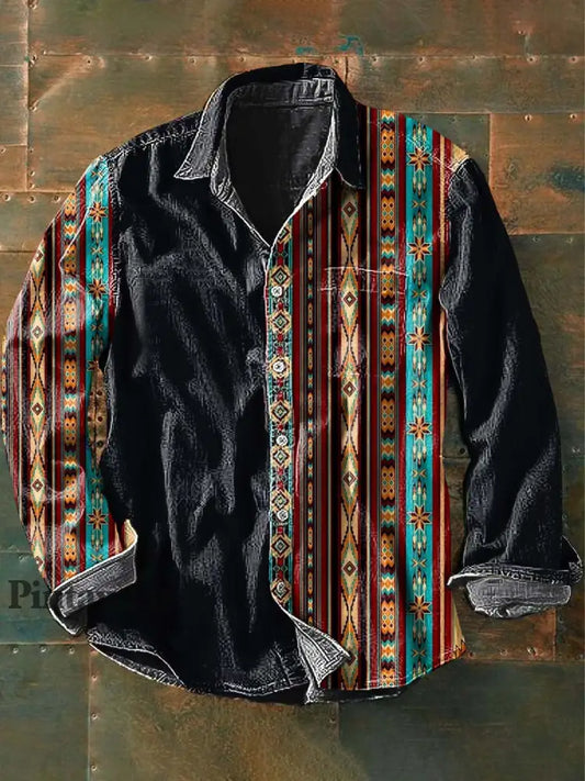 Camisa de manga larga de solapa casual impresa estilo occidental vintage de los hombres como imagen / S