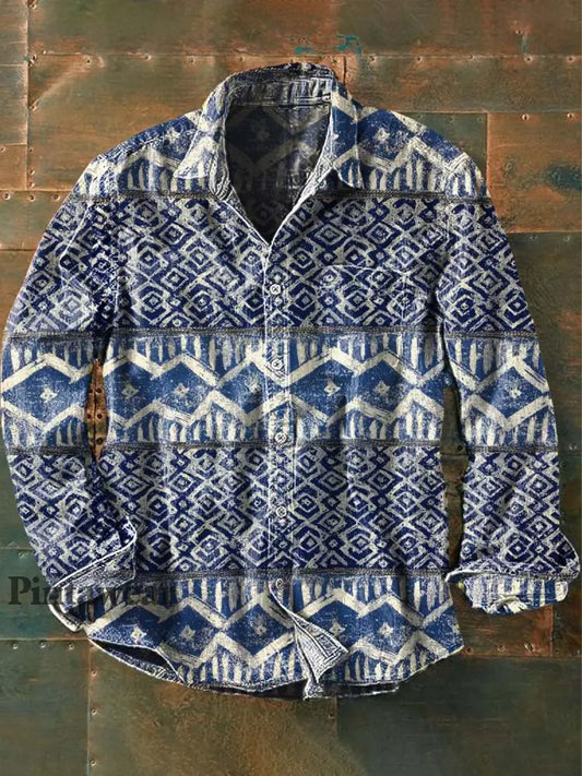 Camisa de manga larga de solapa casual impresa estilo occidental vintage de los hombres como imagen / S