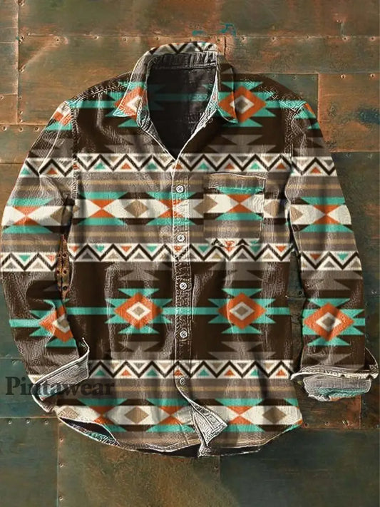 Camisa de manga larga de solapa casual impresa estilo occidental vintage de los hombres como imagen / S