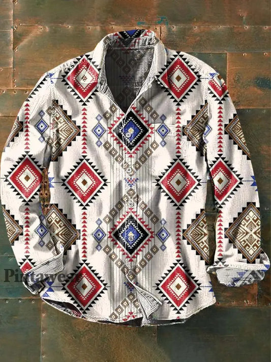 Camisa de manga larga de solapa casual impresa estilo occidental vintage de los hombres como imagen / S