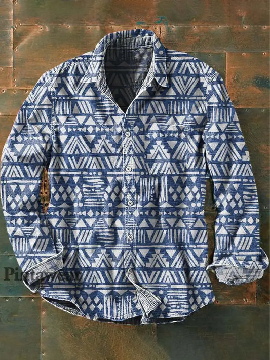 Camisa de manga larga de solapa casual impresa estilo occidental vintage de los hombres como imagen / S