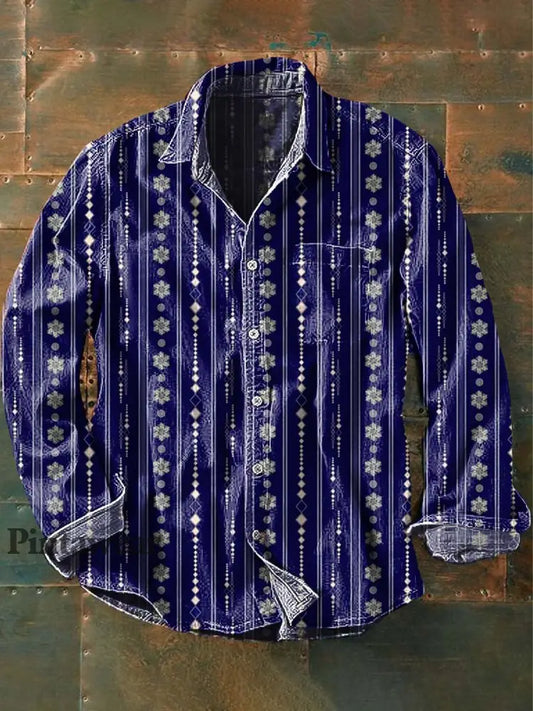 Camisa de manga larga de solapa casual impresa rayada retro de los hombres como imagen / S