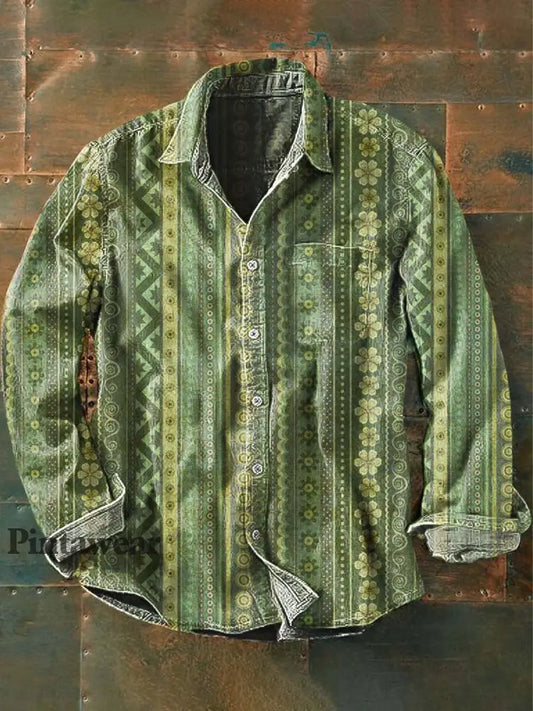 Camisa de manga larga de solapa casual impresa rayada retro de los hombres como imagen / S