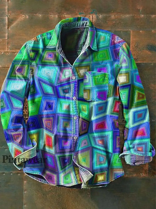Camisa de manga larga de solapa casual de impresión abstracta retro Dazzle de los hombres como imagen / S
