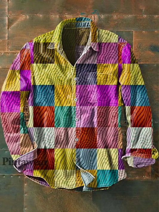 Camisa de manga larga de solapa casual de impresión abstracta retro Dazzle de los hombres como imagen / S