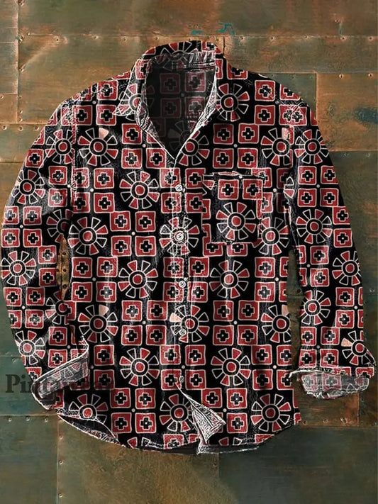 Camisa de manga larga de solapa casual de impresión abstracta retro de los hombres como imagen / S
